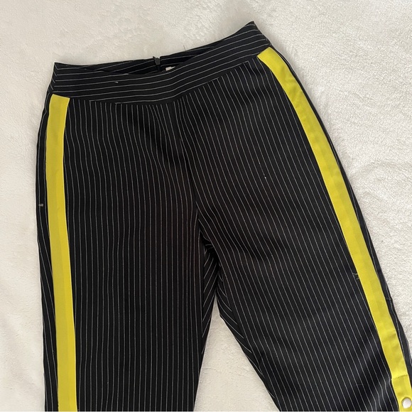 Black pinstripe pants with yellow/green stripe on side and snaps - Picture 1 of 5